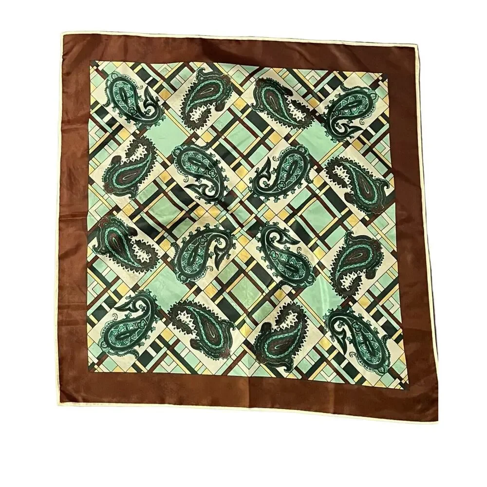 Vintage Scarf Green Brown Paisley Plaid Hand Rolled Polyester Retro Mod 26 1970s